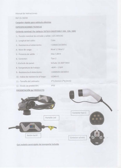 Carregador EV Automovel 220V Tipo2 10/16A